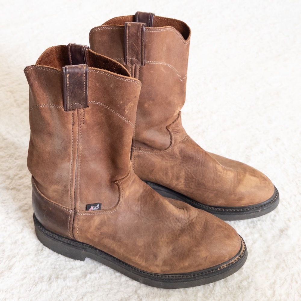 Justin Men’s Round-Up Pull-On Work Boots Size 9 Brown Leather - Picture 10 of 10